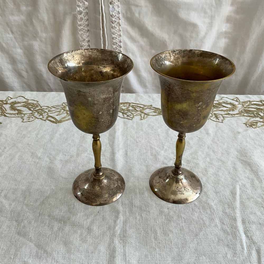 Vintage Silver Plated Brass Goblets Set of 2‎ Patinated Wine Chalices 7 Inch